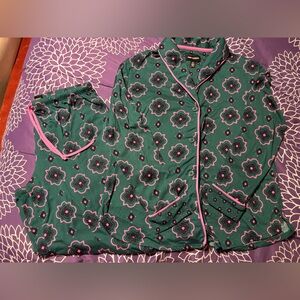 Room Service green and pink pajamas, traditional cut,  contrasting patterns